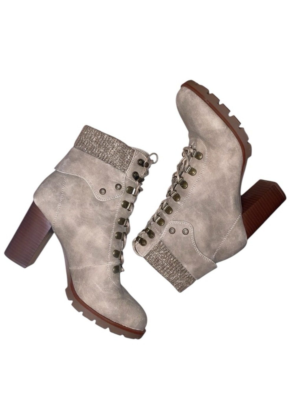 JUSTFAB “Keltie” Lace-Up Booties 4” Heels Knit Collar in Taupe/Grey Size 10M